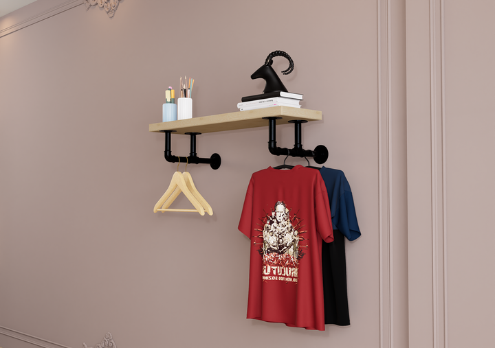 Rustic Wall Shelf Bracket with Hanging Rod (2259)