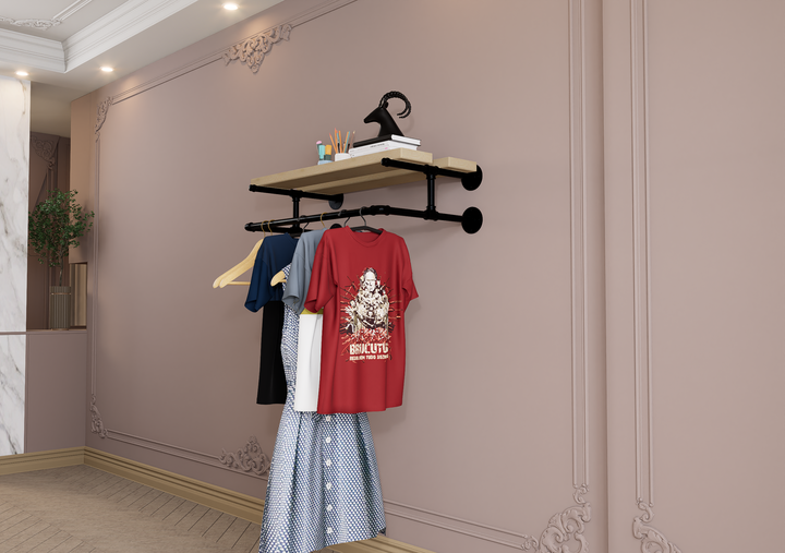 Compact Wall Shelf Bracket with Clothes Bar (3903)