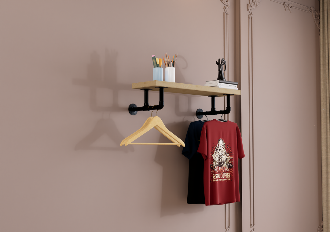 Rustic Wall Shelf Bracket with Hanging Rod (2259)