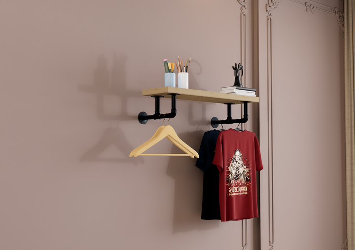 Rustic Wall Shelf Bracket with Hanging Rod (2259)