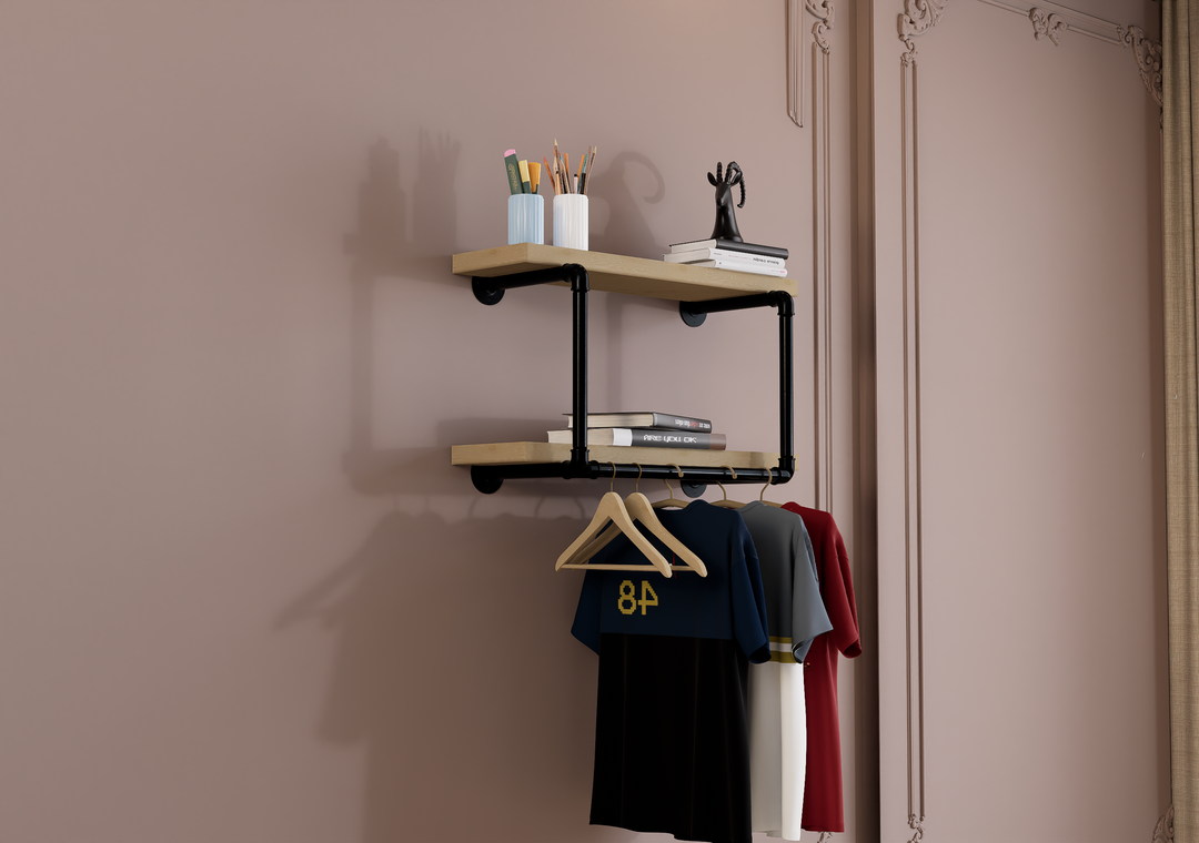 Compact Double Tier Shelf Bracket with Clothes Bar (3544)