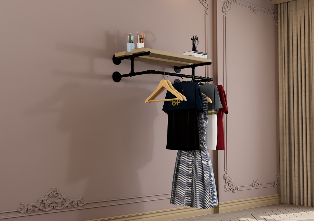 Compact Wall Shelf Bracket with Clothes Bar (3903)