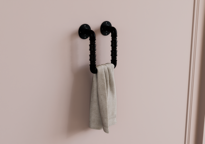 Double Wall Mounted Industrial Black Steel Pipe Towel Rack (D29)