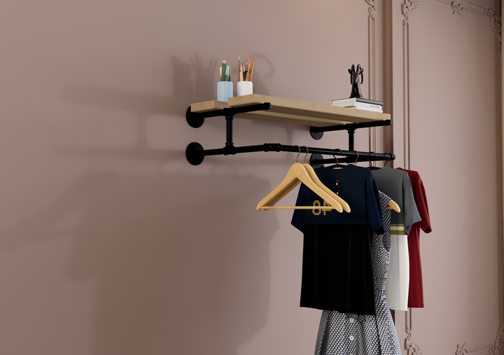 Compact Wall Shelf Bracket with Clothes Bar (3903)