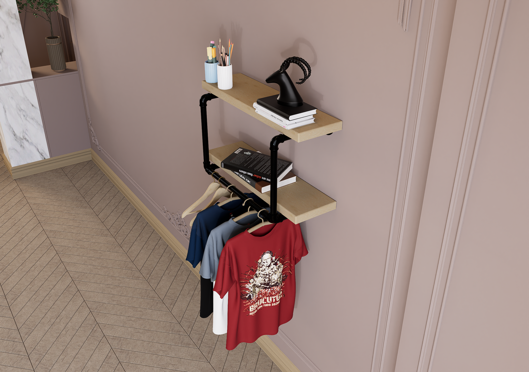 Compact Double Tier Shelf Bracket with Clothes Bar (3544)