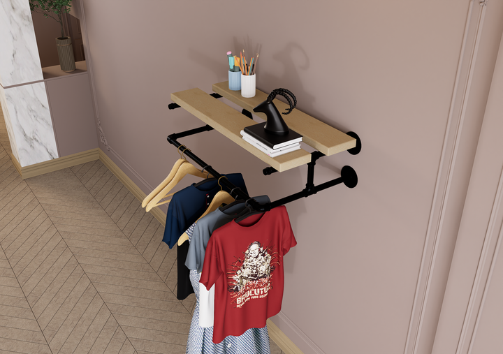 Compact Wall Shelf Bracket with Clothes Bar (3903)