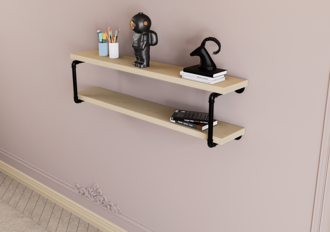 Industrial Two Tier Shelf with Black Pipe Brackets (D17)