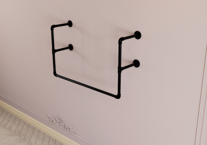 Industrial Two Tier Shelf with Black Pipe Brackets & Clothes Hanging Bar (D32)
