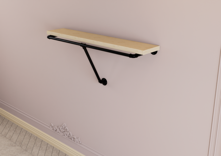 Compact Industrial Pipe Shelf Bracket with Clothes Rack Rail (D37)