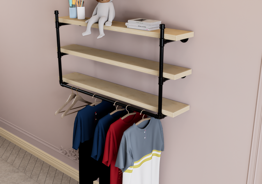 Triple-Tier Wall Shelf Bracket with Hanging Rail (D111)
