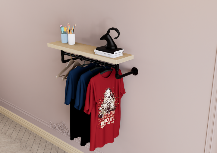 Industrial Shelf & Clothes Rack With Black Pipe Brackets (D18)