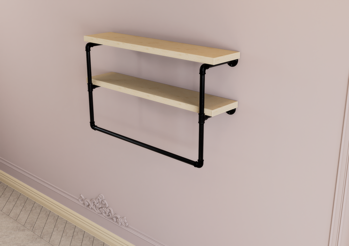 Industrial Two Tier Shelf with Black Pipe Brackets & Clothes Hanging Bar (D32)