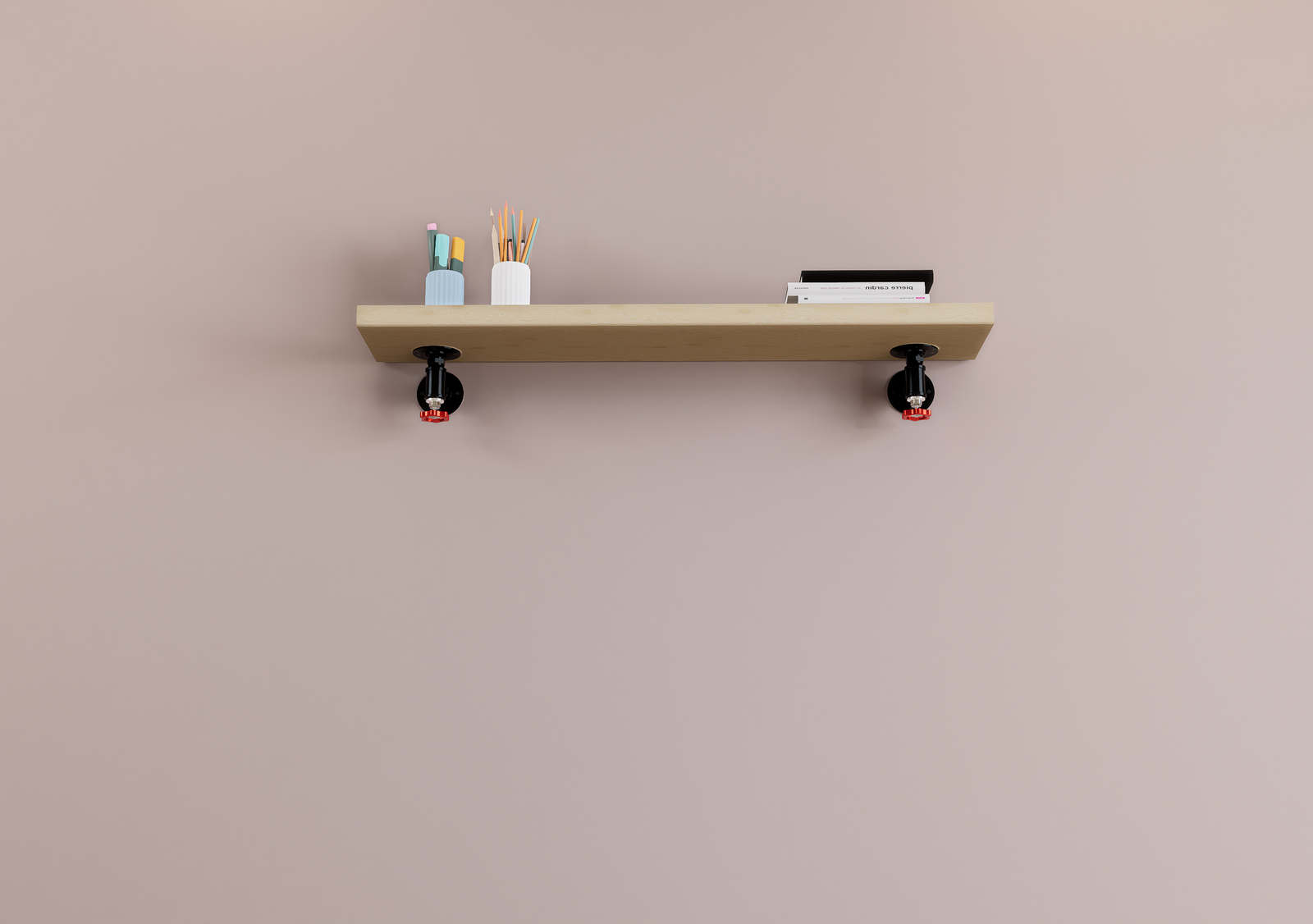 Rustic Industrial Pipe Shelf with Red Tap Valve Brackets (D61)