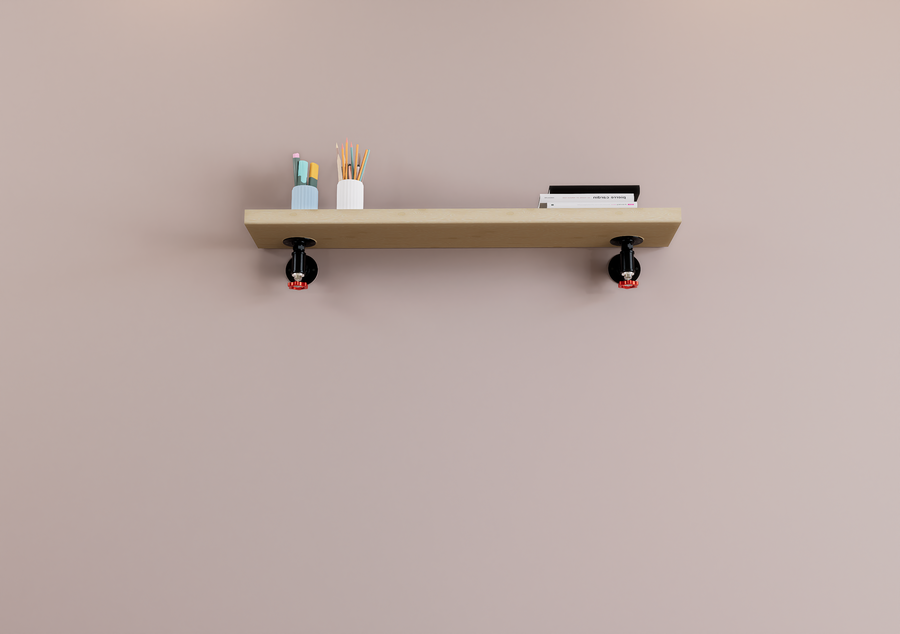 Rustic Industrial Pipe Shelf with Red Tap Valve Brackets (D61)