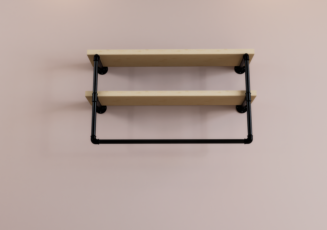 Industrial Two Tier Shelf with Black Pipe Brackets & Clothes Hanging Bar (D32)