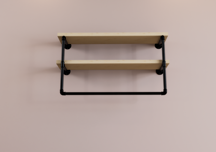Industrial Two Tier Shelf with Black Pipe Brackets & Clothes Hanging Bar (D32)
