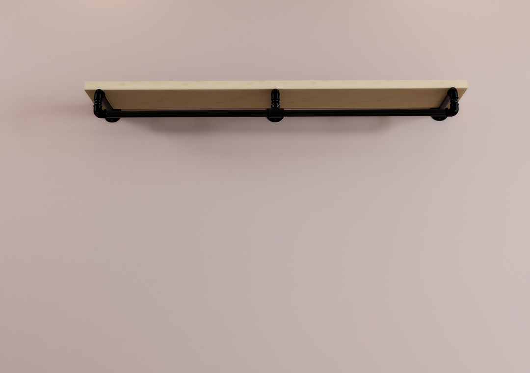 Industrial Black Steel Pipe Shelf Bracket with Integrated Curved Clothes Rack (D88)