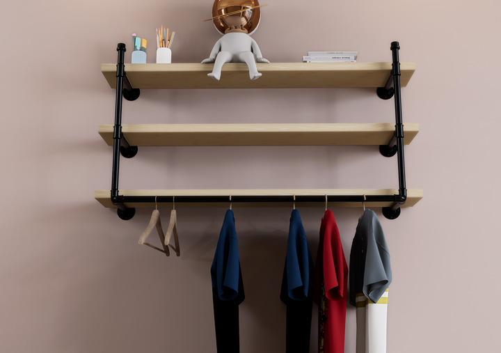 Triple-Tier Wall Shelf Bracket with Hanging Rail (D111)