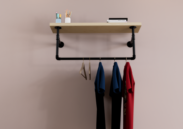 Industrial Single-Tier Shelf Brackets & Clothes Hanging Bar (D48)
