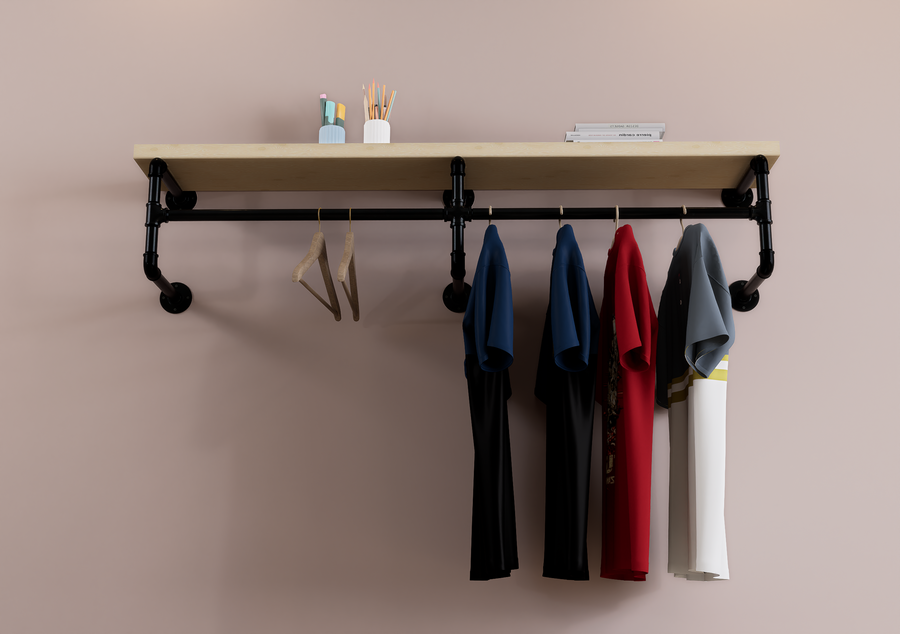 Industrial Curved Wall Shelf Bracket with Integrated Clothes Rack (D92)
