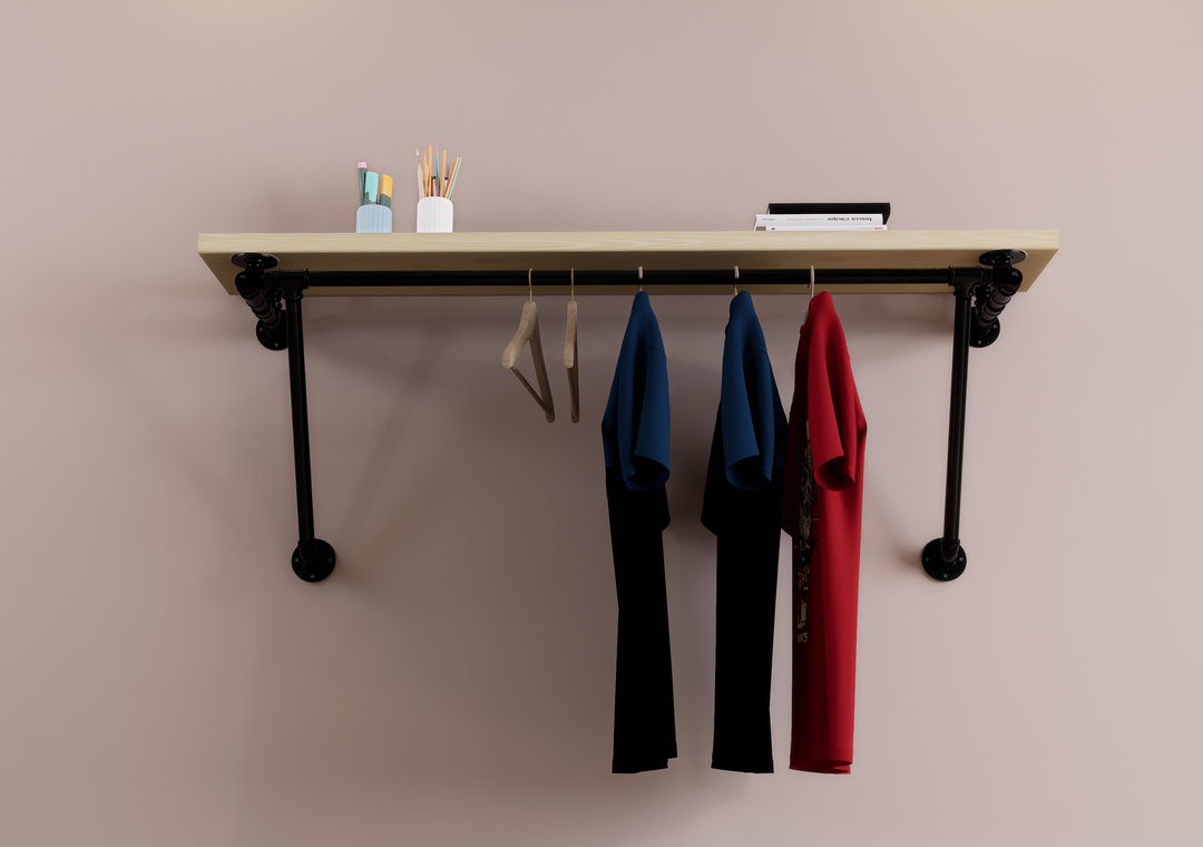 Black Industrial Pipe Shelf Brackets with Clothes Rack With Extra Support (D36)