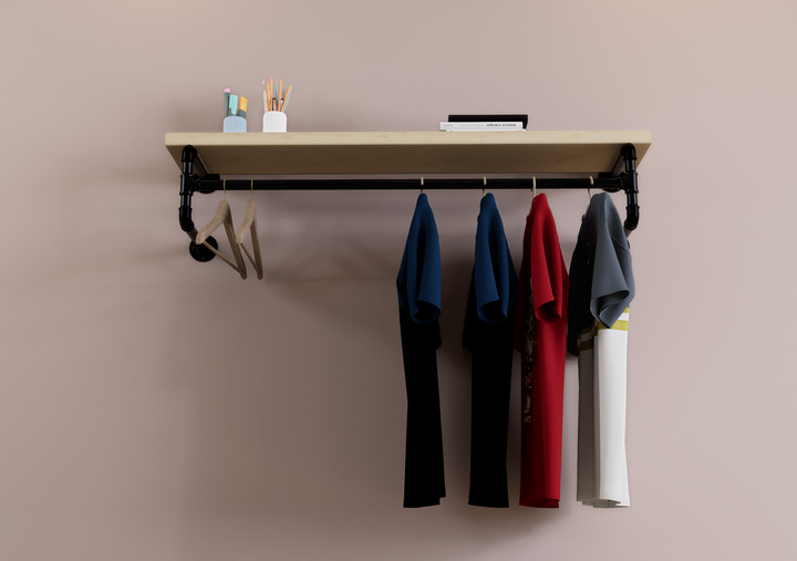 Industrial Black Steel Shelf Bracket with Clothes Rail (D73)