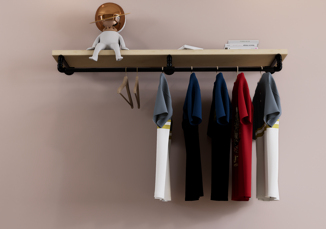 Industrial Black Steel Pipe Shelf Bracket with Integrated Curved Clothes Rack (D88)