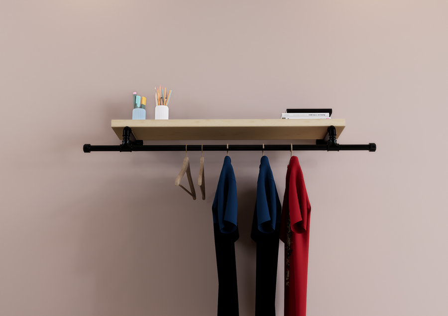 Industrial Single Tier Shelf with Extended Black Pipe Clothes Rack (D34)