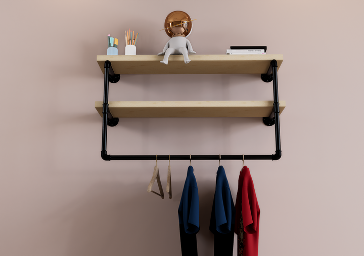 Industrial Two Tier Shelf with Black Pipe Brackets & Clothes Hanging Bar (D32)