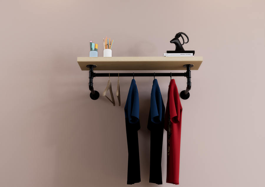 Industrial Shelf & Clothes Rack With Black Pipe Brackets (D18)