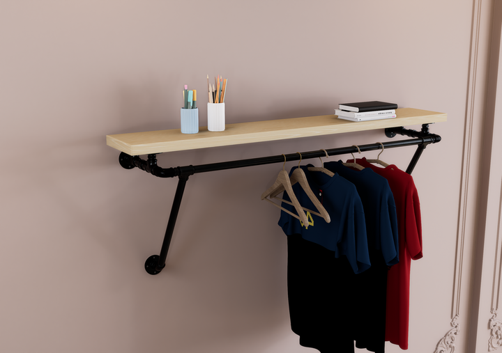 Black Industrial Pipe Shelf Brackets with Clothes Rack With Extra Support (D36)