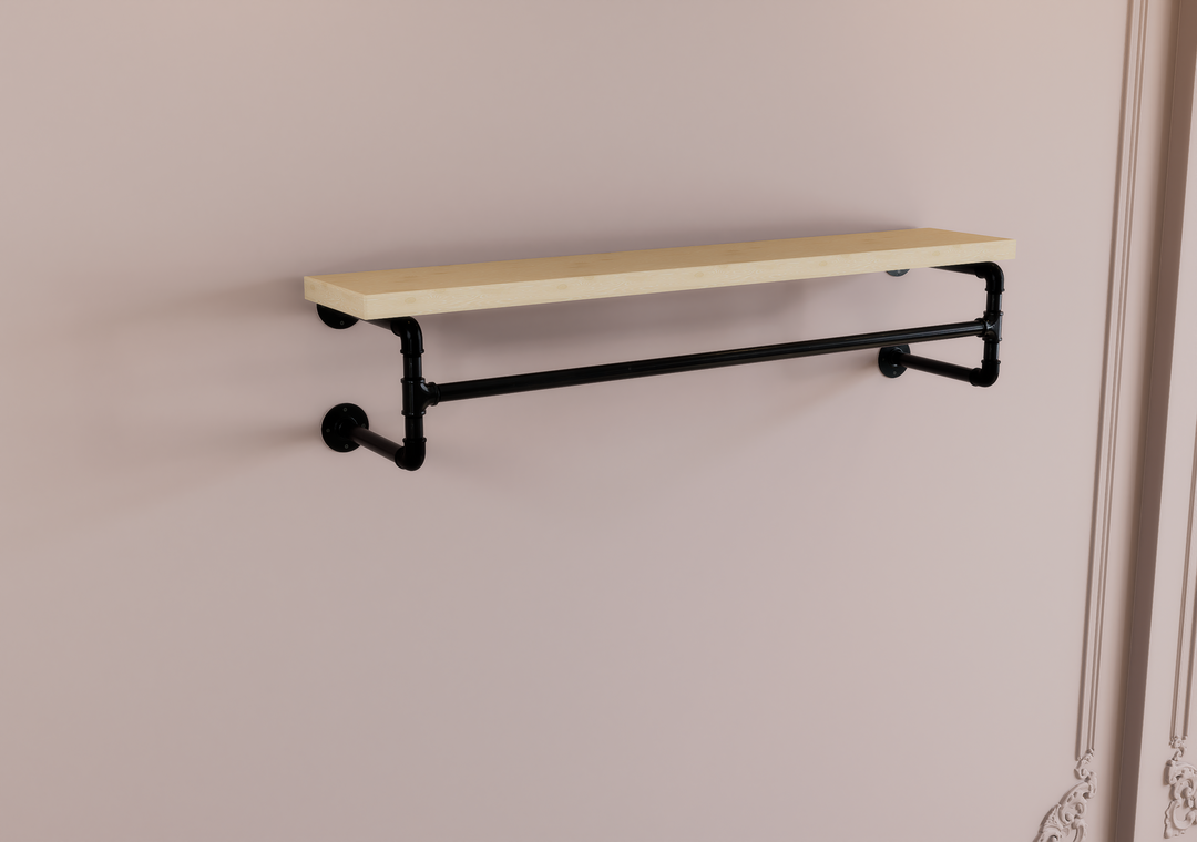 Industrial Black Steel Shelf Bracket with Clothes Rail (D73)