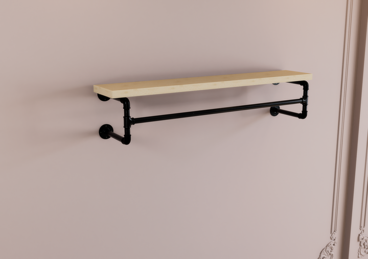 Industrial Black Steel Shelf Bracket with Clothes Rail (D73)