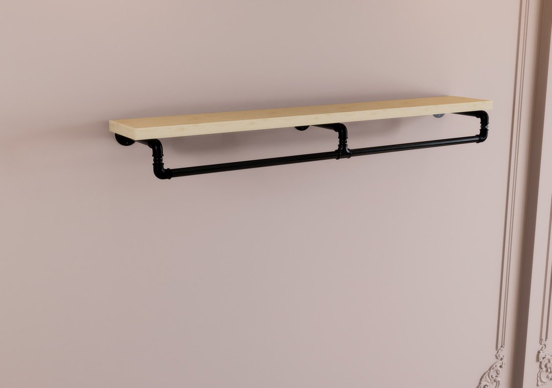 Industrial Black Steel Pipe Shelf Bracket with Integrated Curved Clothes Rack (D88)