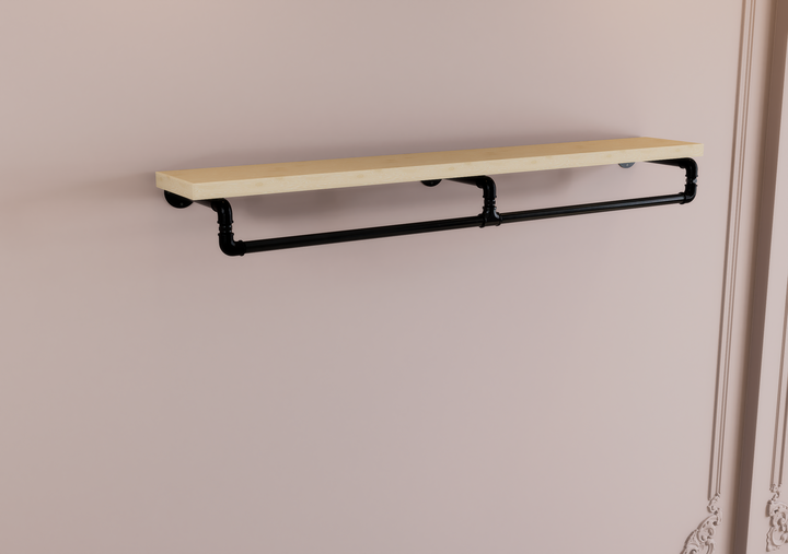 Industrial Black Steel Pipe Shelf Bracket with Integrated Curved Clothes Rack (D88)