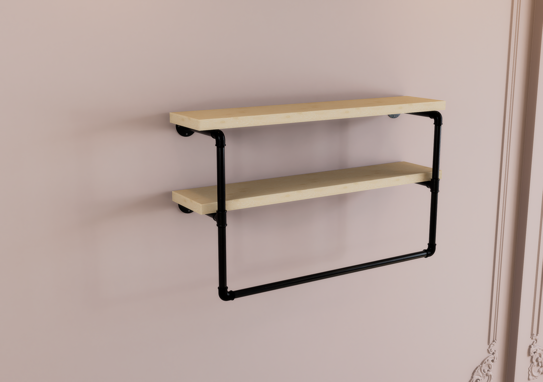 Industrial Two Tier Shelf with Black Pipe Brackets & Clothes Hanging Bar (D32)