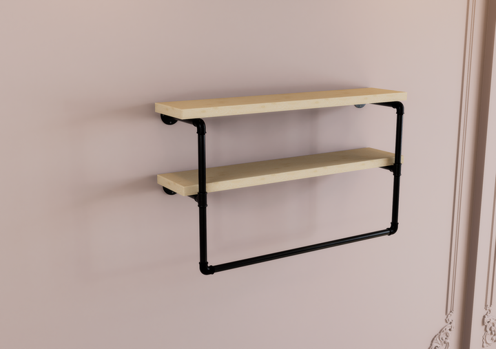 Industrial Two Tier Shelf with Black Pipe Brackets & Clothes Hanging Bar (D32)