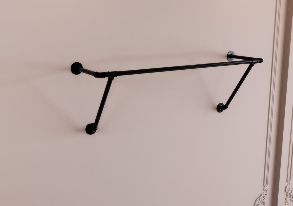 Industrial Black Steel Pipe Clothes Rack with Dual Wall Support (D78)