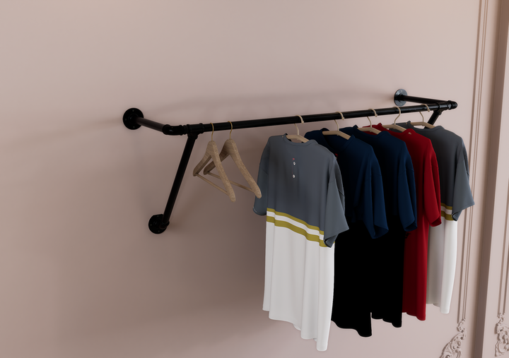 Industrial Black Steel Pipe Clothes Rack with Dual Wall Support (D78)