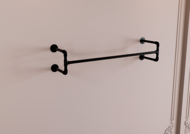Industrial Black Steel Shelf Bracket with Clothes Rail (D73)