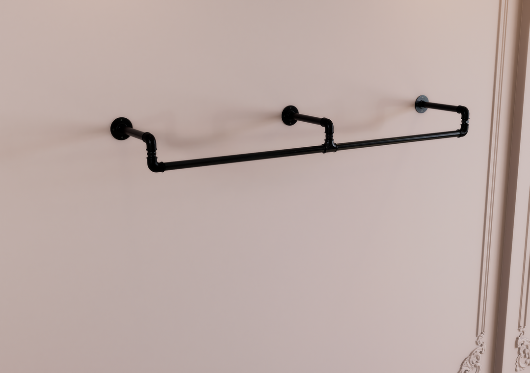 Industrial Black Steel Pipe Shelf Bracket with Integrated Curved Clothes Rack (D88)