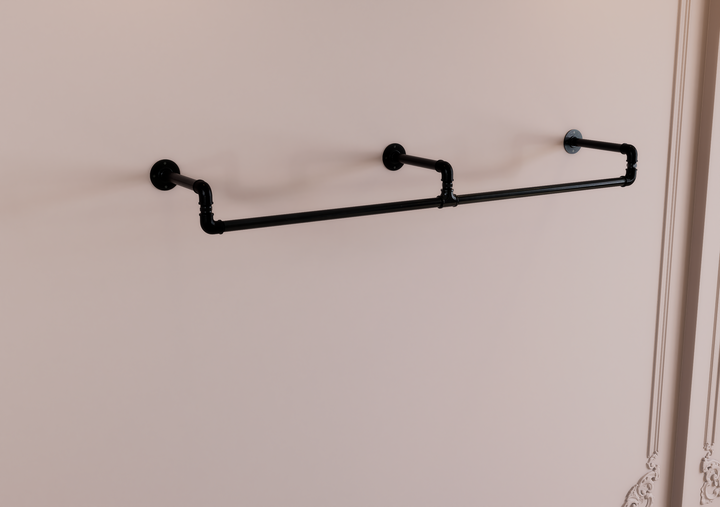 Industrial Black Steel Pipe Shelf Bracket with Integrated Curved Clothes Rack (D88)