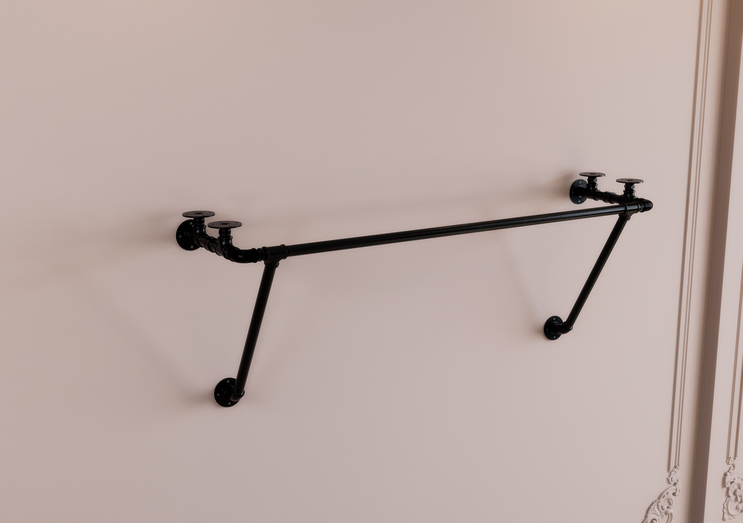 Black Industrial Pipe Shelf Brackets with Clothes Rack With Extra Support (D36)