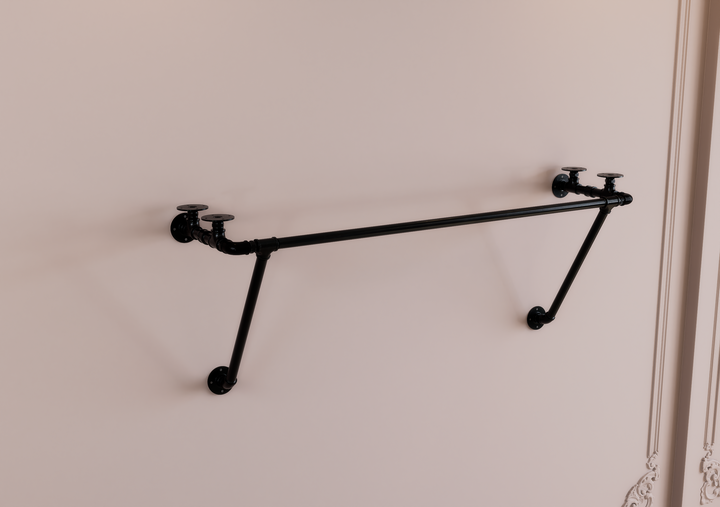 Black Industrial Pipe Shelf Brackets with Clothes Rack With Extra Support (D36)