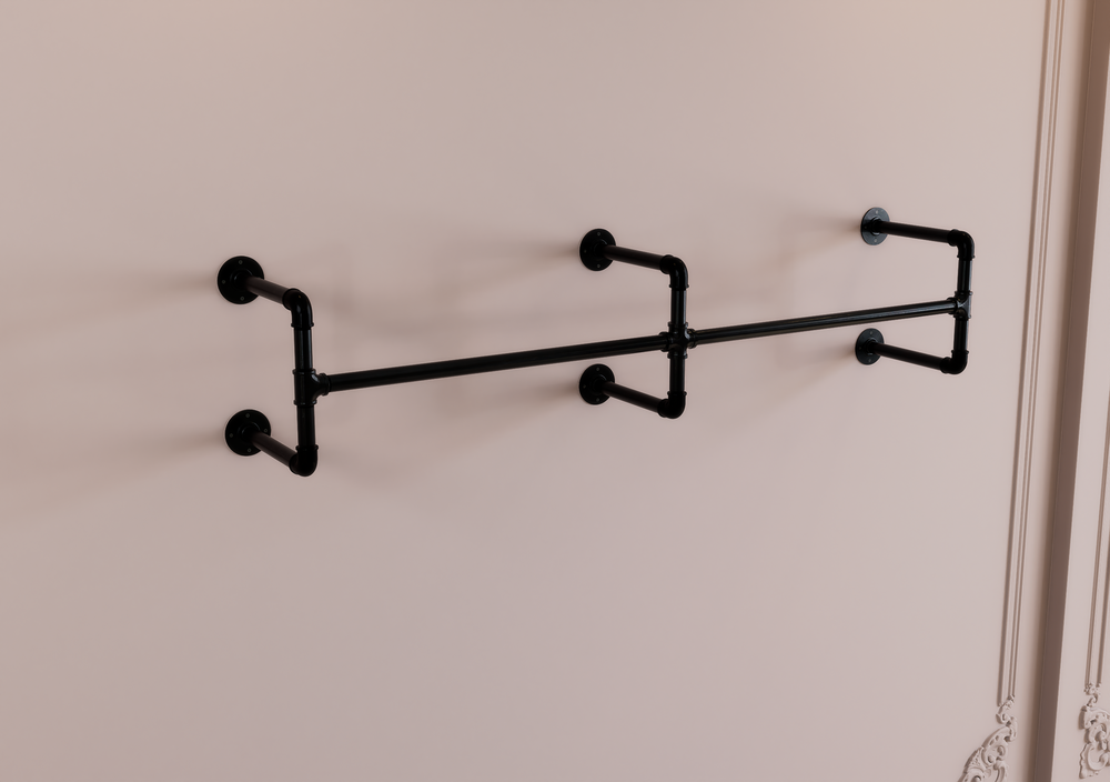 Industrial Curved Wall Shelf Bracket with Integrated Clothes Rack (D92)