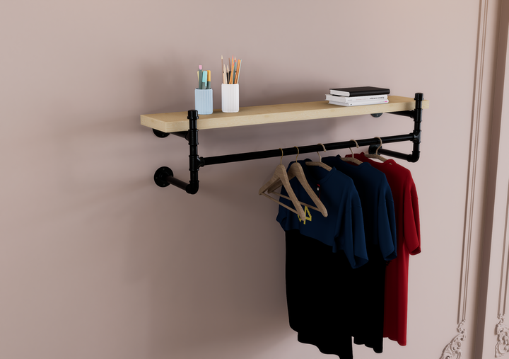 Industrial Pipe Wall Shelf with Hanging Rail (D71)