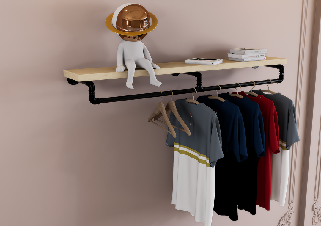 Industrial Black Steel Pipe Shelf Bracket with Integrated Curved Clothes Rack (D88)