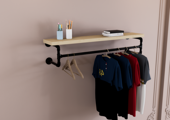 Industrial Black Steel Shelf Bracket with Clothes Rail (D73)