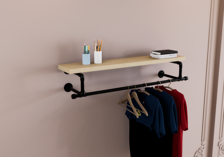 Industrial Black Pipe Clothes Rack Brackets with Connecting Rail  (D28)
