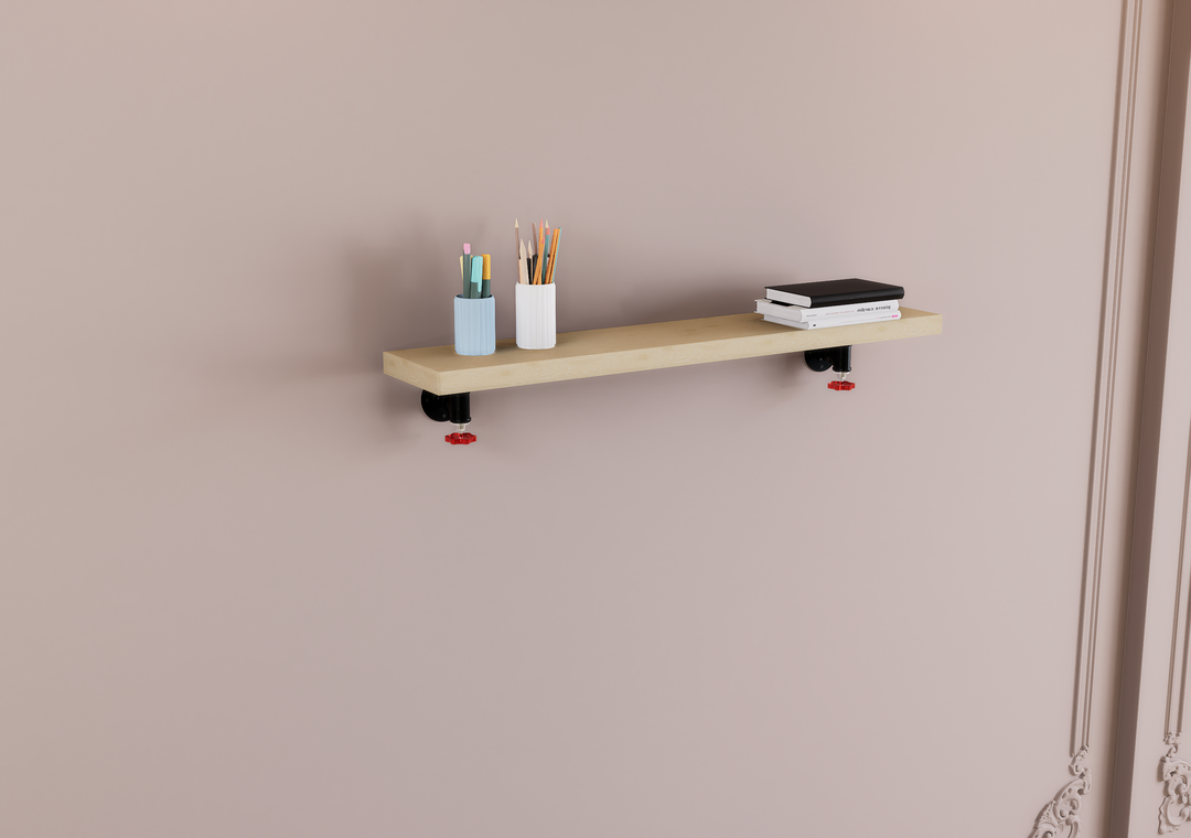 Rustic Industrial Pipe Shelf with Red Tap Valve Brackets (D61)